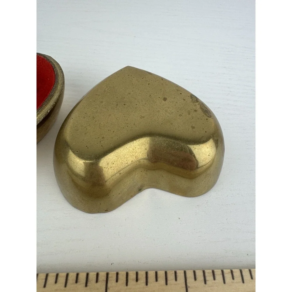 Vintage MCM Brass Heart Trinket Box‎ Red Velvet Lined Jewelry Keepsake Decor